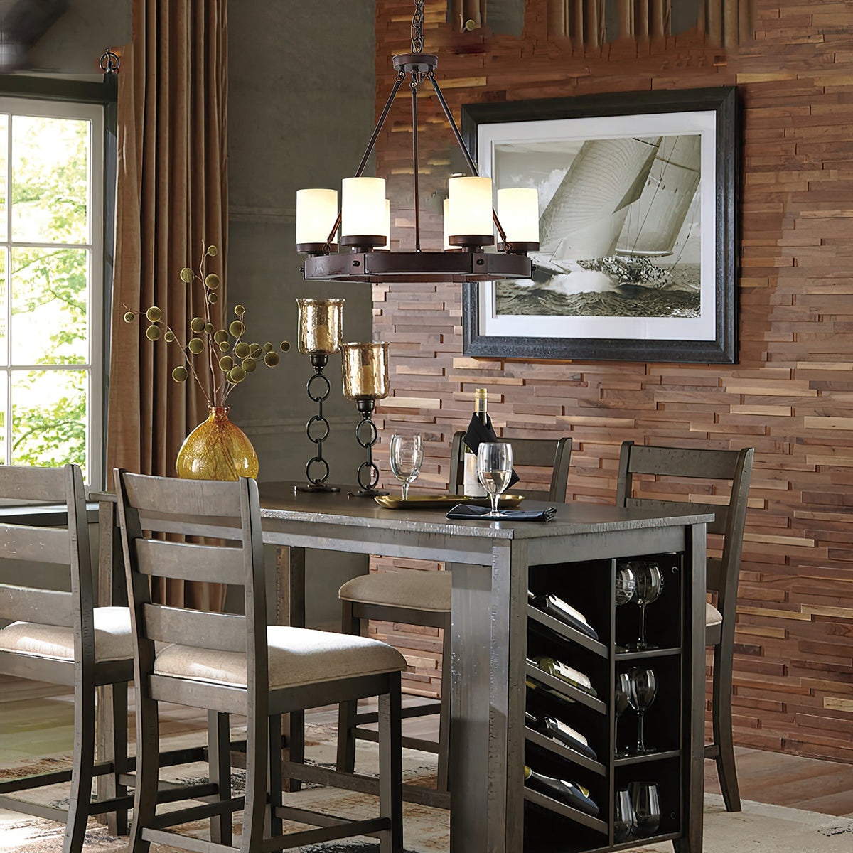 Cabot Rustic Chandelier – Ring-Framed Wood & Forged Iron Glass Cylinder Chandelier