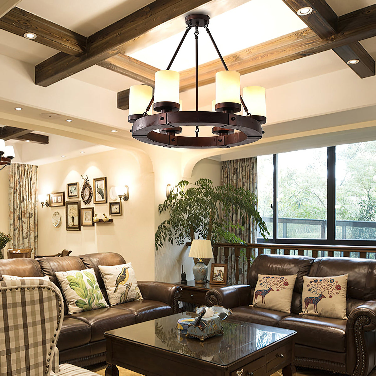 Cabot Rustic Chandelier – Ring-Framed Wood & Forged Iron Glass Cylinder Chandelier