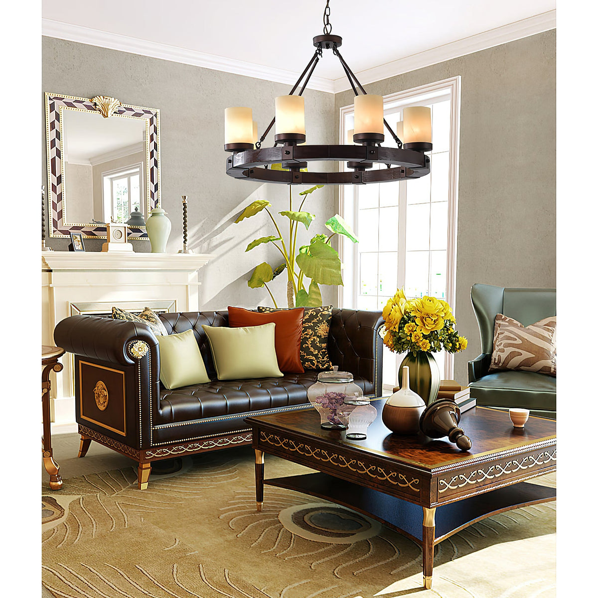 Cabot Rustic Chandelier – Ring-Framed Wood & Forged Iron Glass Cylinder Chandelier