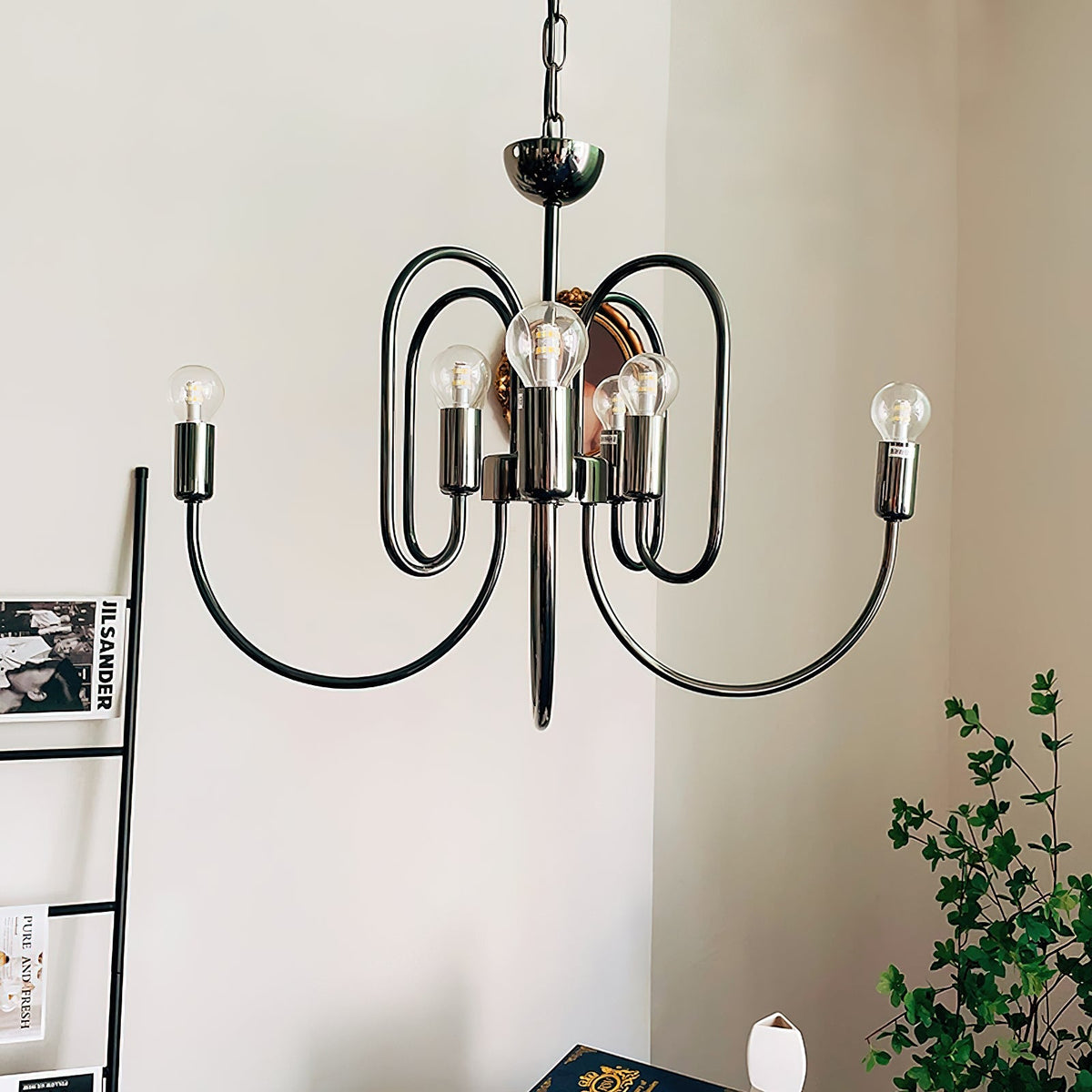 Cabry Chandelier – Modern Curved Multi-Arm Matte Black & Brass Chandelier