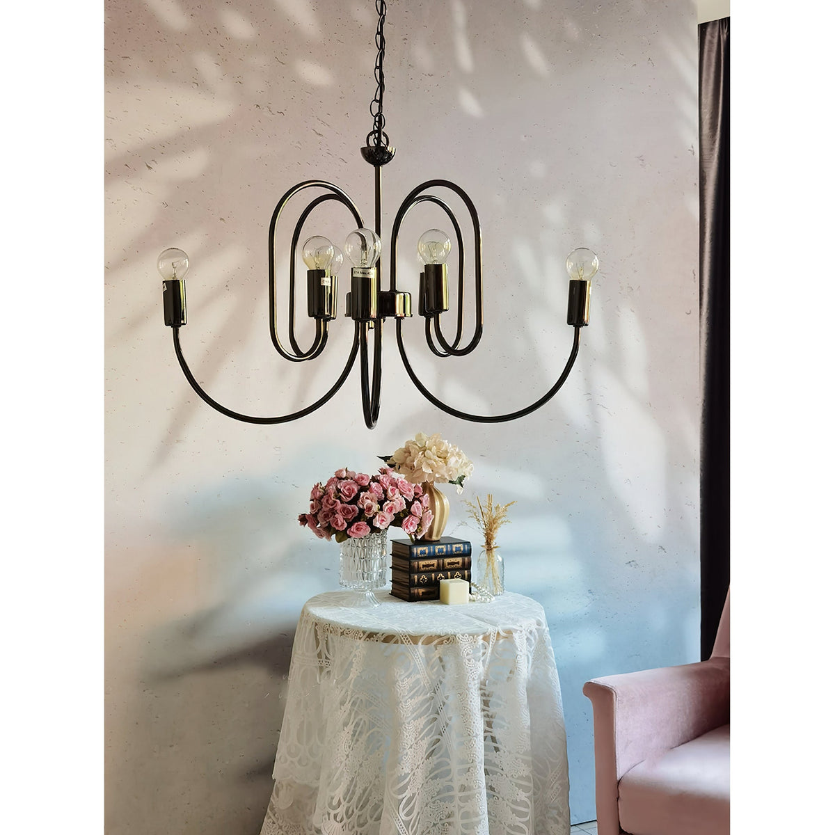 Cabry Chandelier – Modern Curved Multi-Arm Matte Black & Brass Chandelier