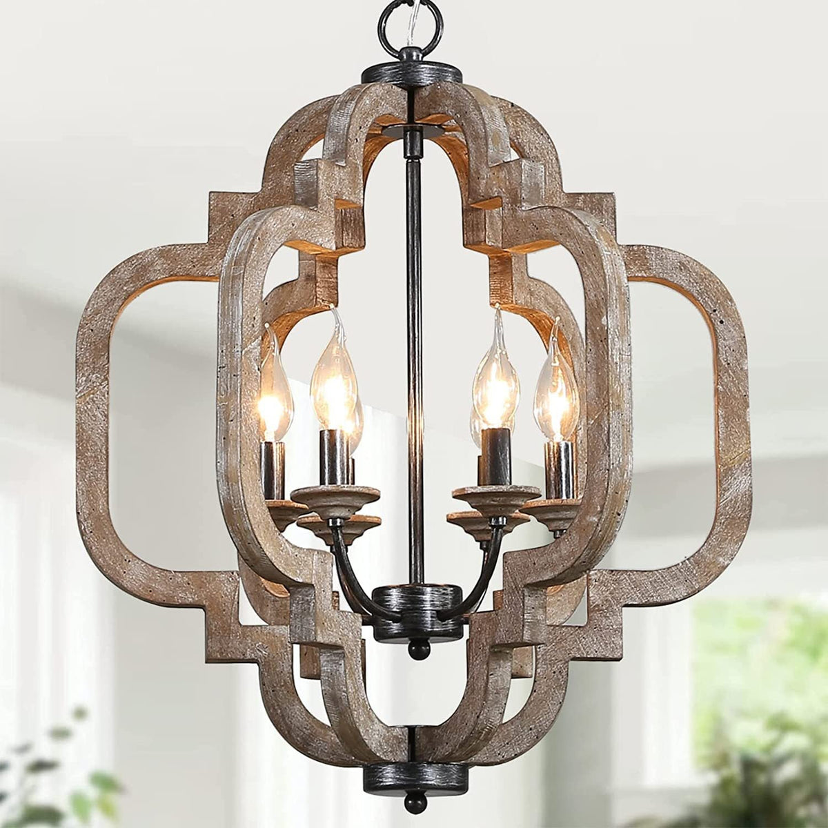 Cachil Wood Pendant Lamp – Geometric Crafted Wood Cage & Iron Candelabra Pendant