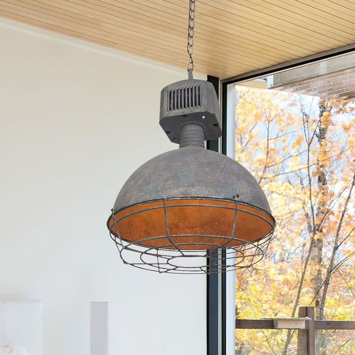 Caged Industrial Metal Pendant Light – Perforated Metal Dome & Caged Pendant
