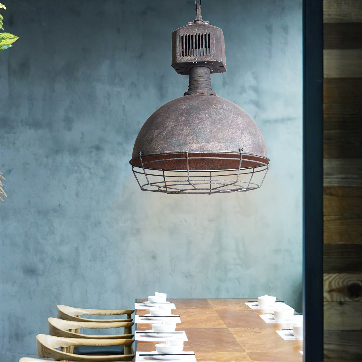 Caged Industrial Metal Pendant Light – Perforated Metal Dome & Caged Pendant