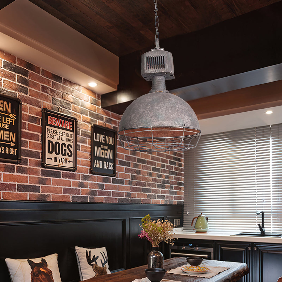 Caged Industrial Metal Pendant Light – Perforated Metal Dome & Caged Pendant