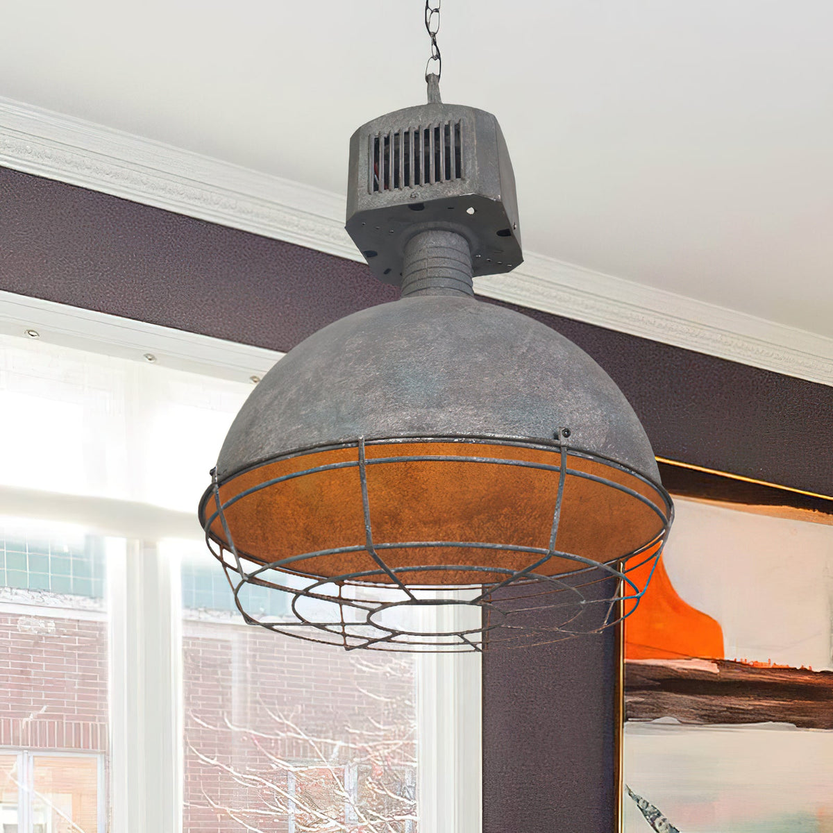 Caged Industrial Metal Pendant Light – Perforated Metal Dome & Caged Pendant