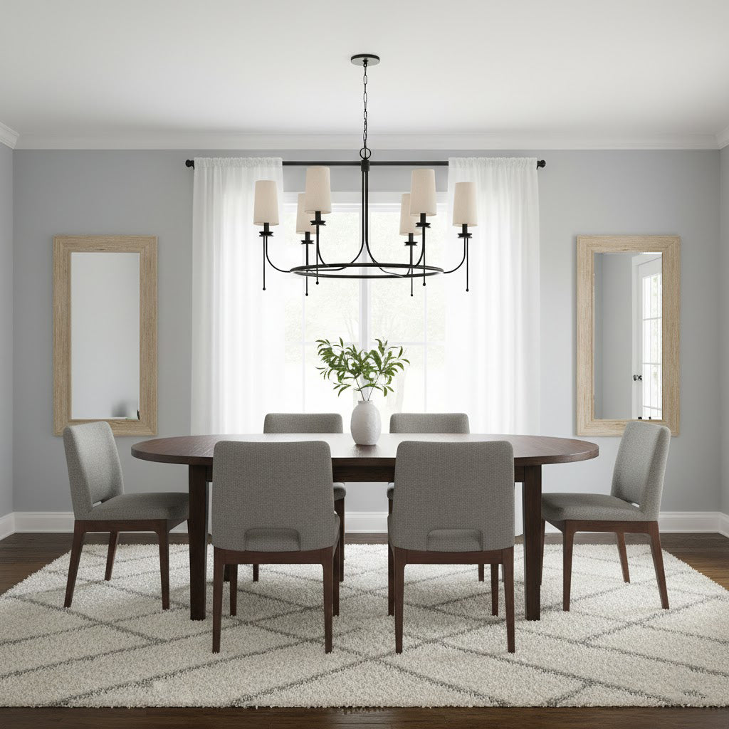 Calder Chandelier – Vintage Linework Brass Frame & Linen Shade Chandelier
