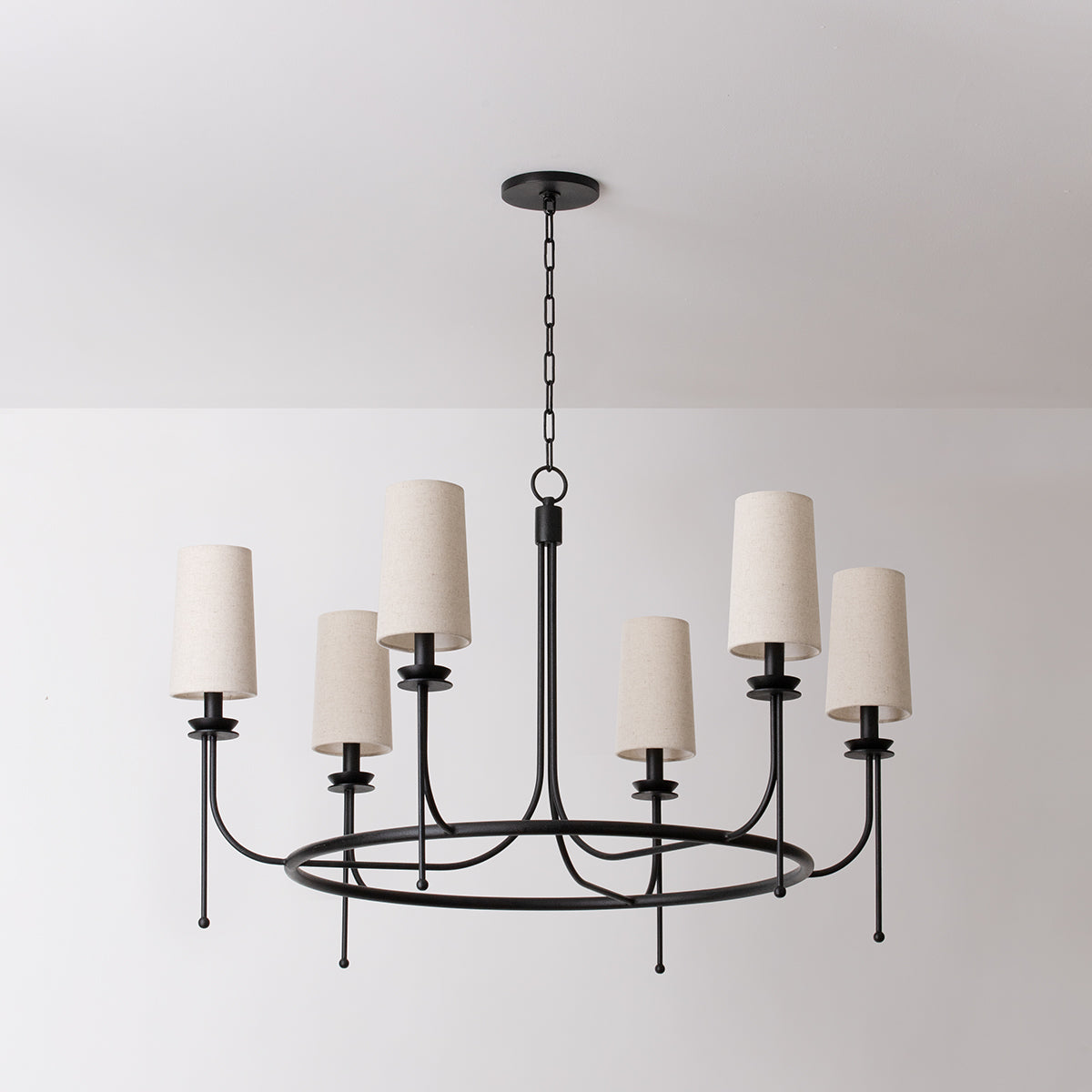 Calder Chandelier – Vintage Linework Brass Frame & Linen Shade Chandelier