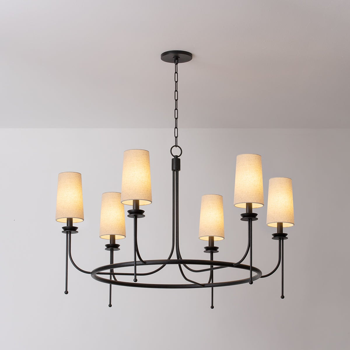 Calder Chandelier – Vintage Linework Brass Frame & Linen Shade Chandelier