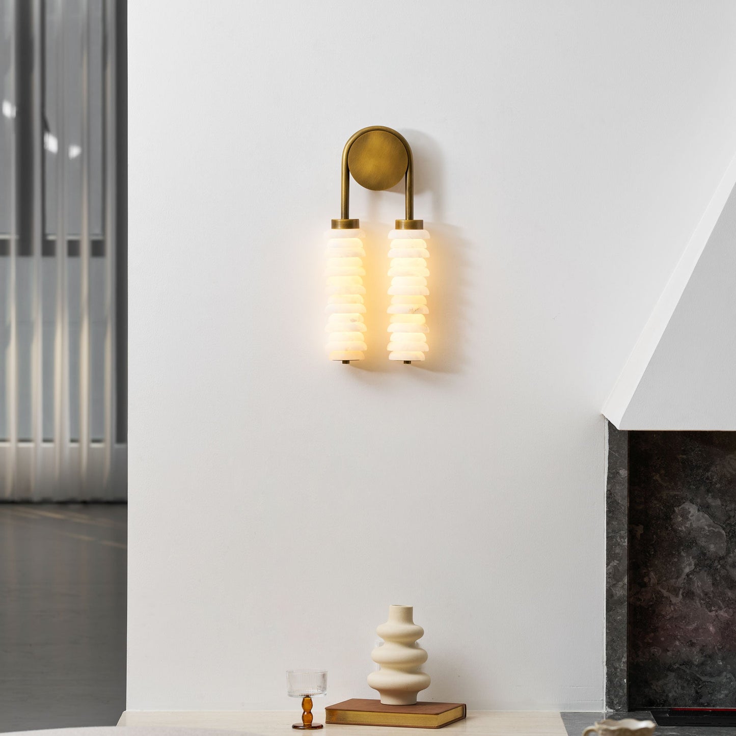 Payson Double Alabaster Wall Lamp - Dual Natural Stone & Brass LED Sconce | Luxury Art Deco Lighting