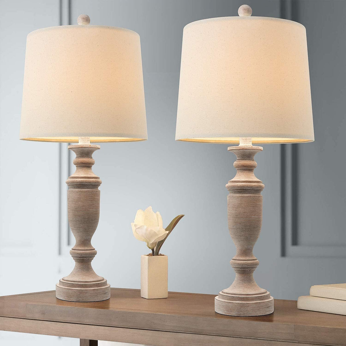 Callimont Table Lamp – Turned Old Wood Base & White Fabric Drum Lamp