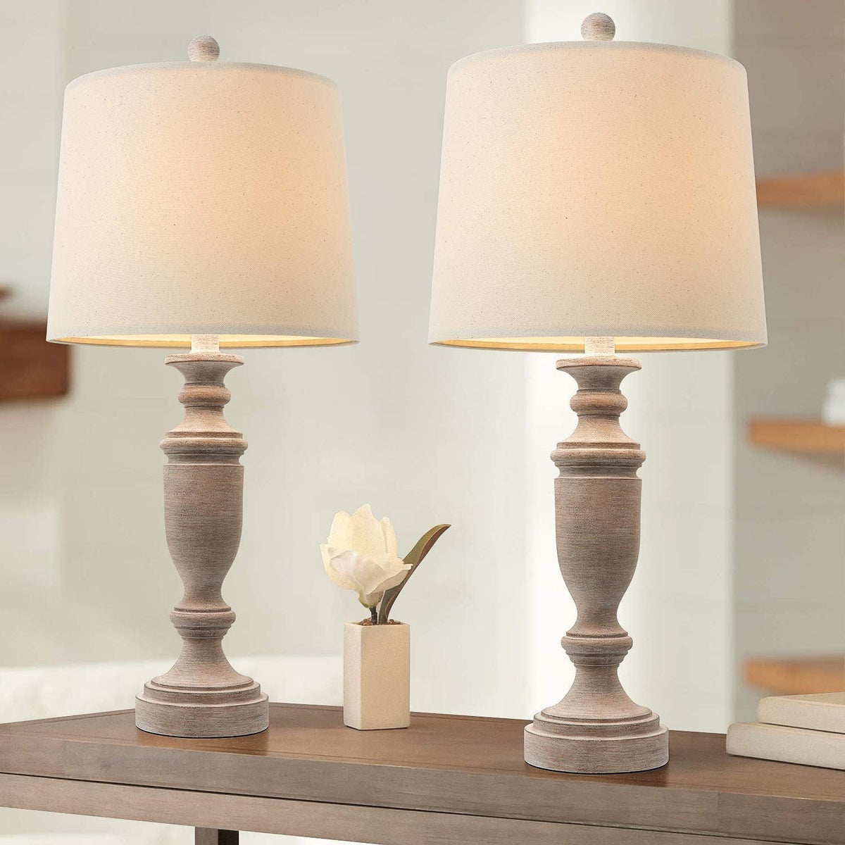 Callimont Table Lamp – Turned Old Wood Base & White Fabric Drum Lamp