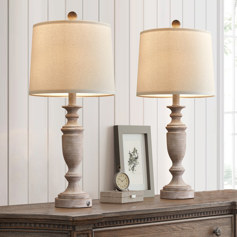 Callimont Table Lamp – Turned Old Wood Base & White Fabric Drum Lamp