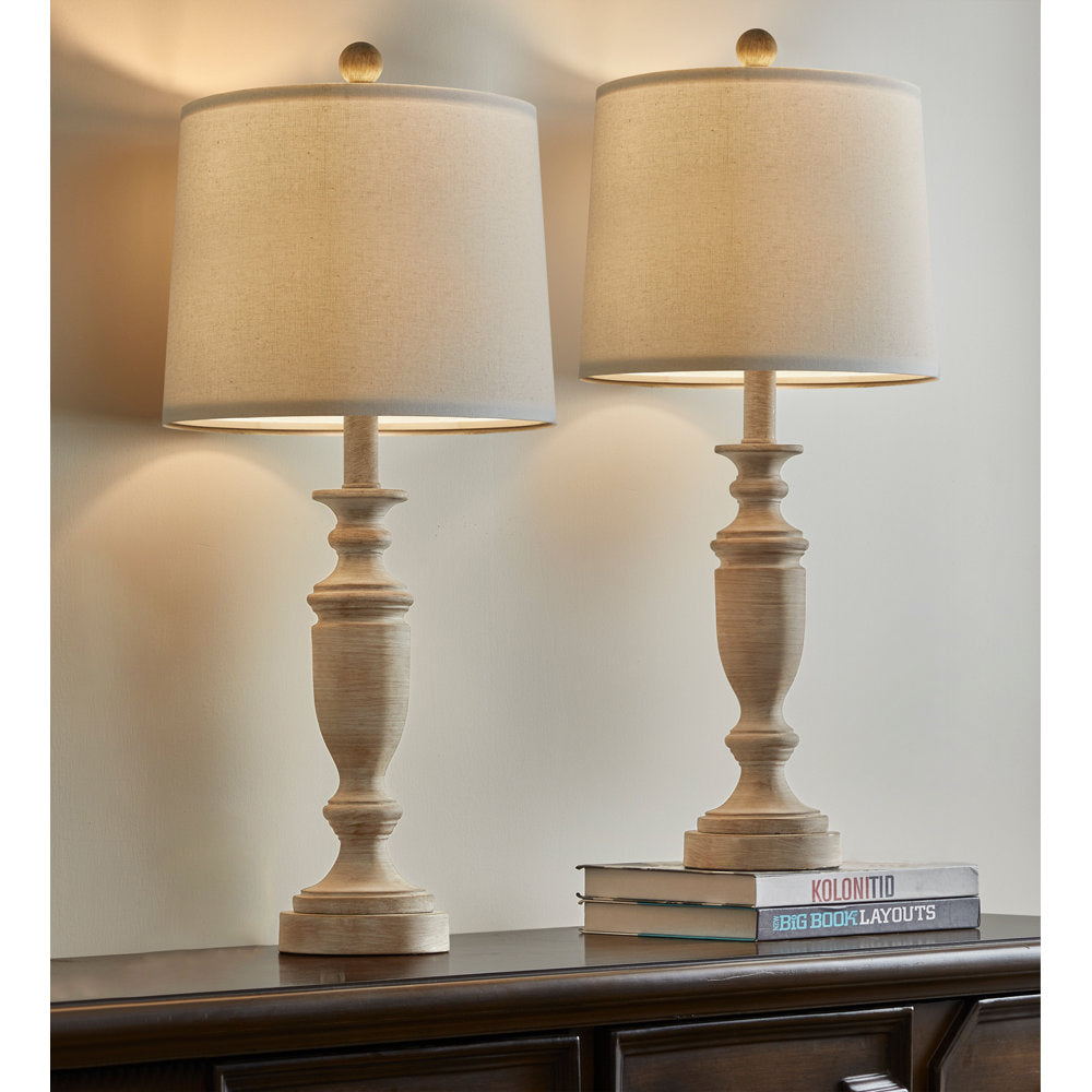 Callimont Table Lamp – Turned Old Wood Base & White Fabric Drum Lamp