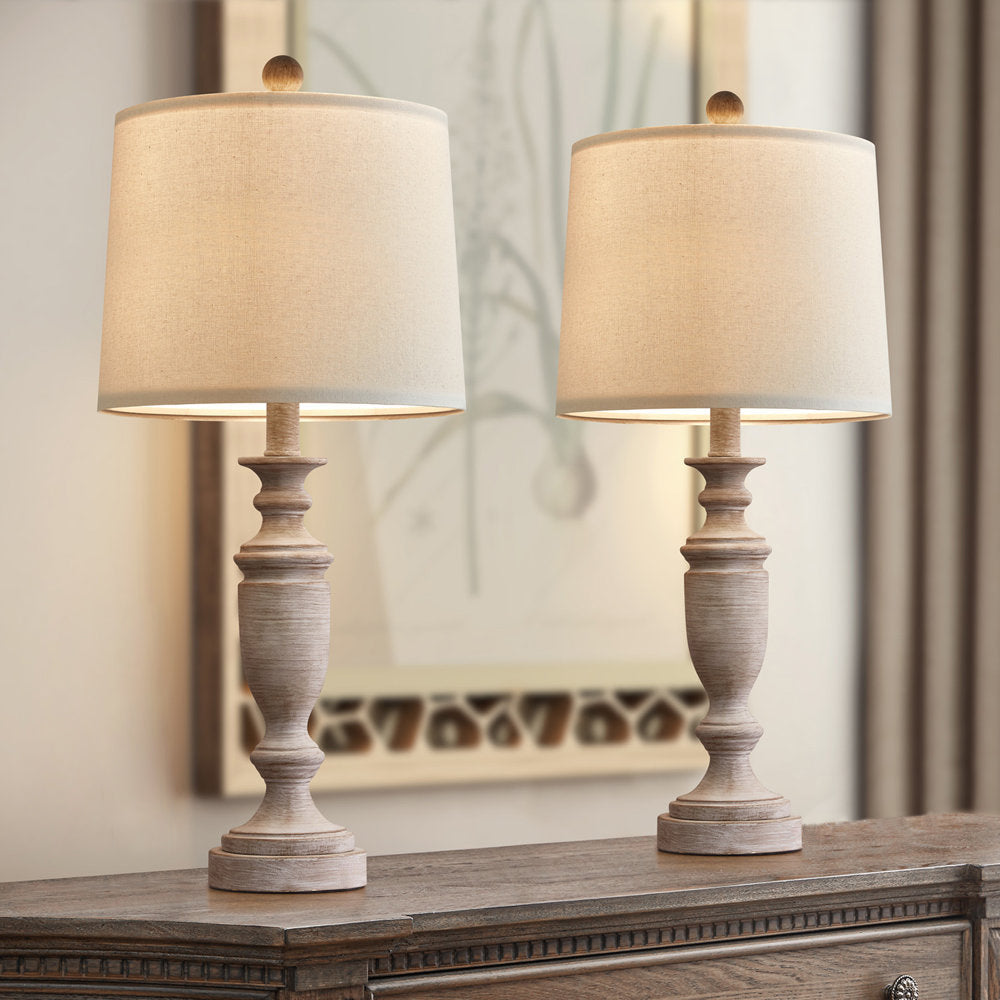 Callimont Table Lamp – Turned Old Wood Base & White Fabric Drum Lamp
