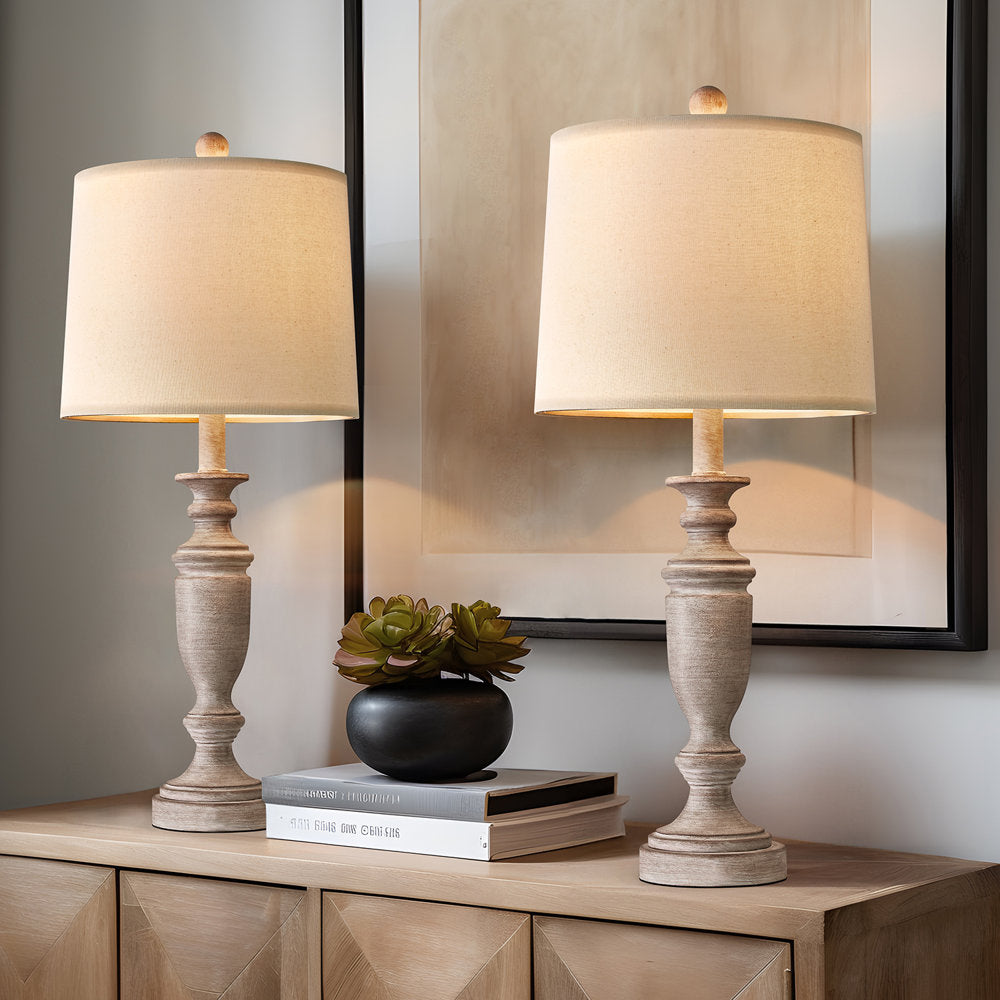 Callimont Table Lamp – Turned Old Wood Base & White Fabric Drum Lamp