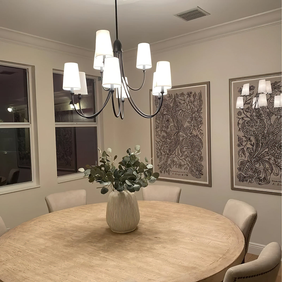 Cameron Chandelier – Slender Curvaceous Brass & Fabric Shade Chandelier