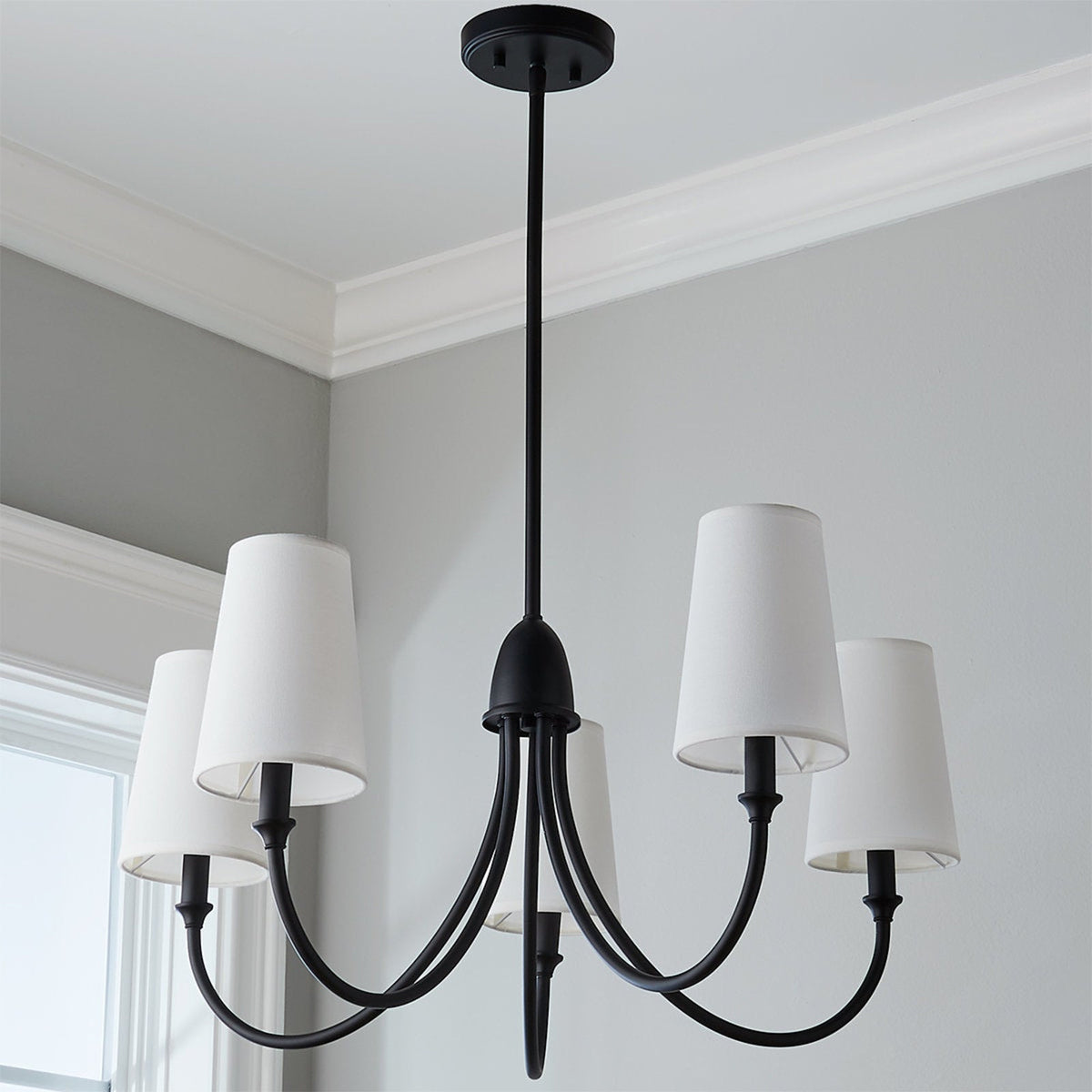 Cameron Chandelier – Slender Curvaceous Brass & Fabric Shade Chandelier