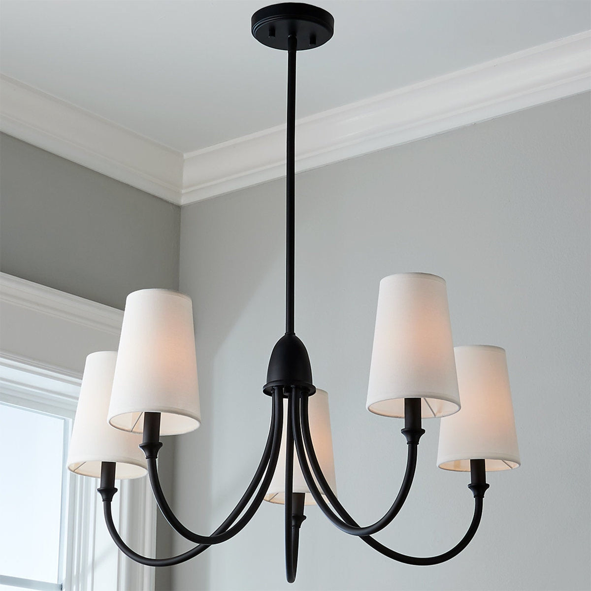 Cameron Chandelier – Slender Curvaceous Brass & Fabric Shade Chandelier