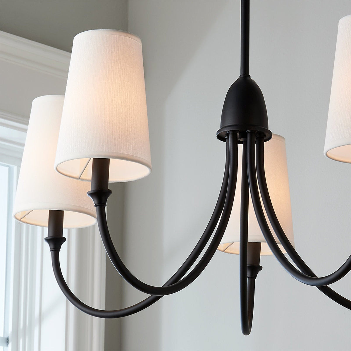 Cameron Chandelier – Slender Curvaceous Brass & Fabric Shade Chandelier