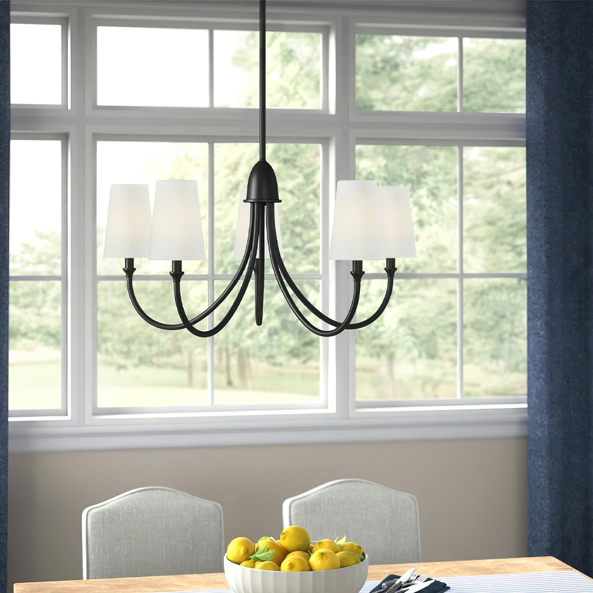 Cameron Chandelier – Slender Curvaceous Brass & Fabric Shade Chandelier
