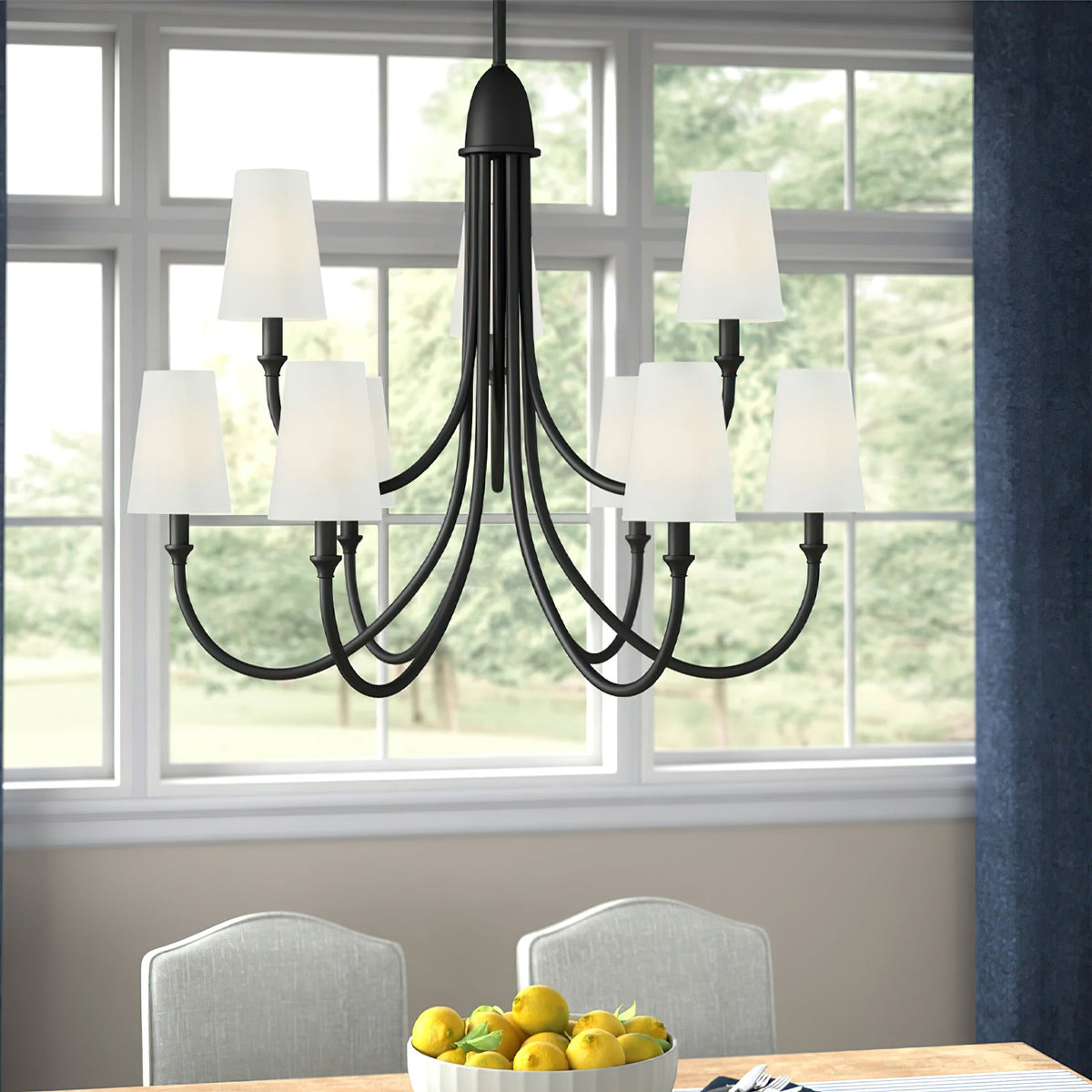 Cameron Chandelier – Slender Curvaceous Brass & Fabric Shade Chandelier