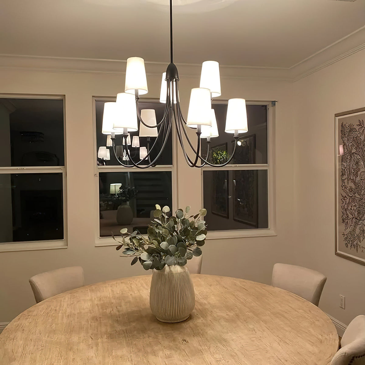 Cameron Chandelier – Slender Curvaceous Brass & Fabric Shade Chandelier