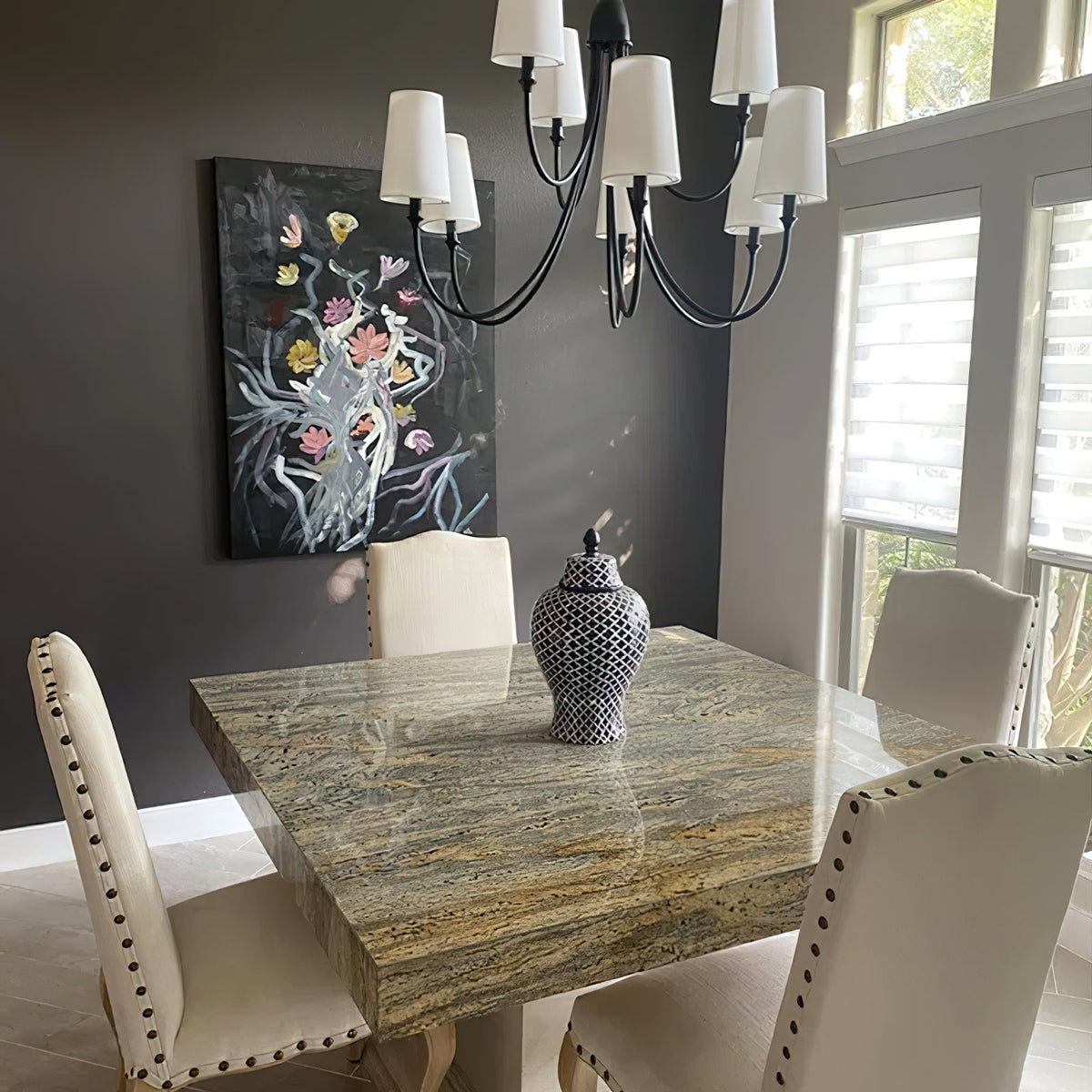 Cameron Chandelier – Slender Curvaceous Brass & Fabric Shade Chandelier