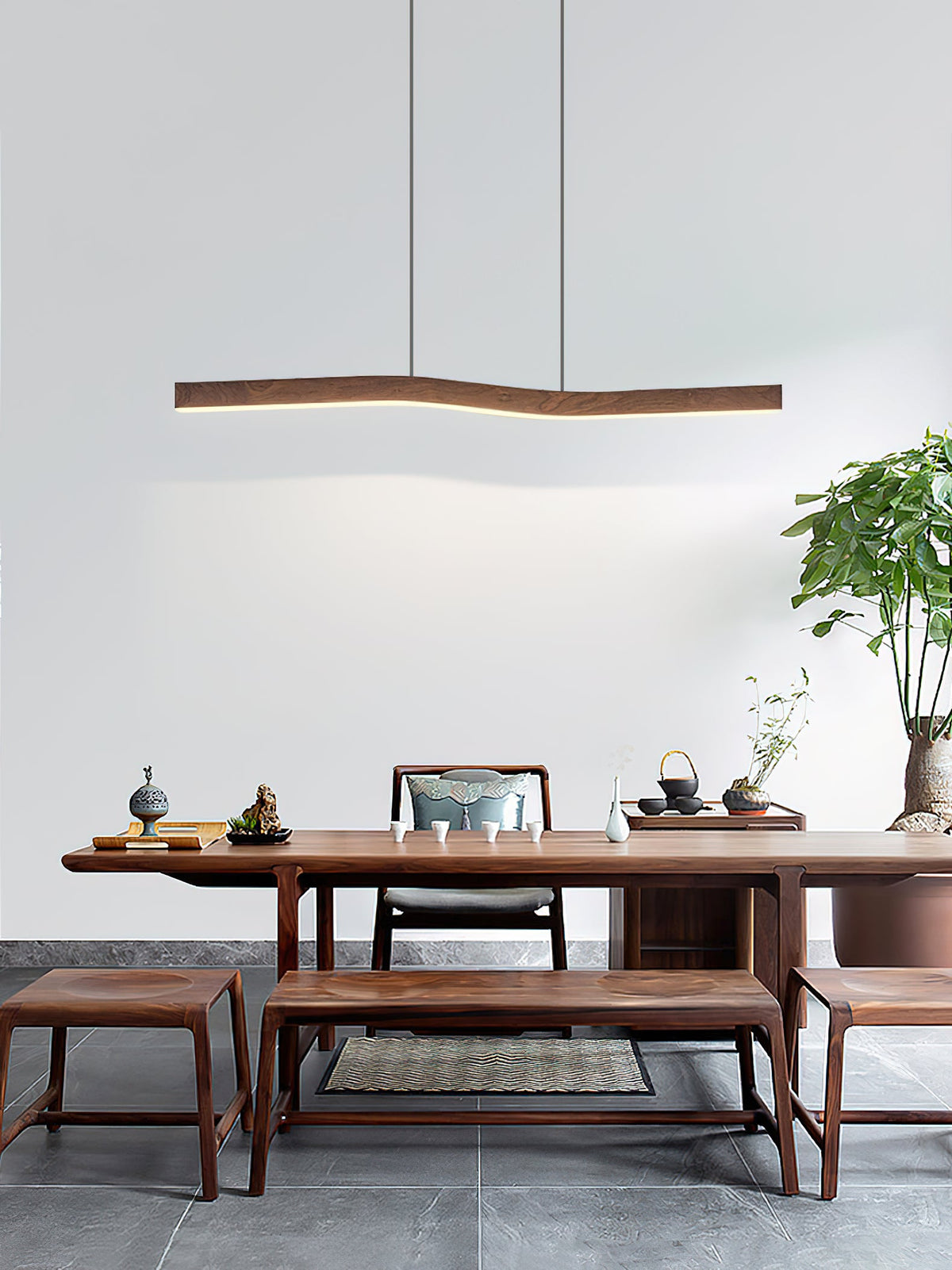 Camur Linear Pendant Light – Sculptural Sweeping Wave Wooden Linear LED Pendant