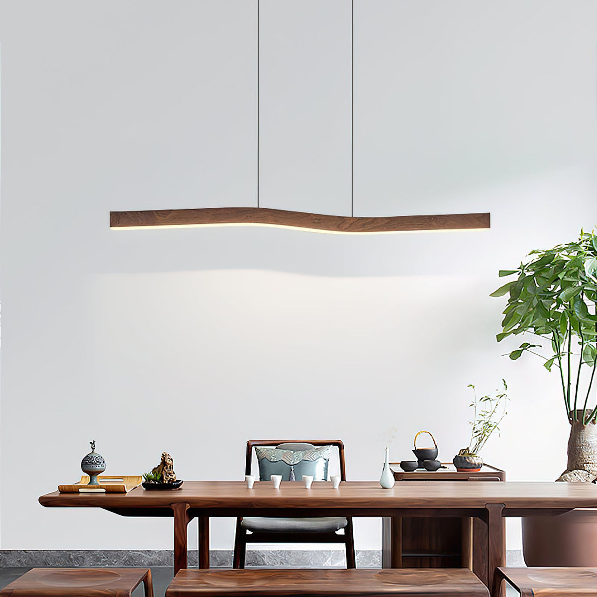 Camur Linear Pendant Light – Sculptural Sweeping Wave Wooden Linear LED Pendant