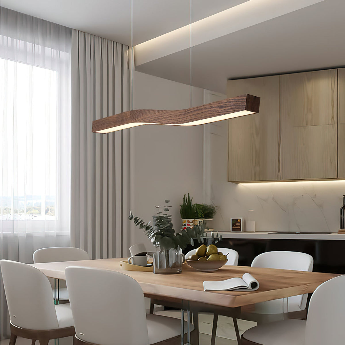 Camur Linear Pendant Light – Sculptural Sweeping Wave Wooden Linear LED Pendant