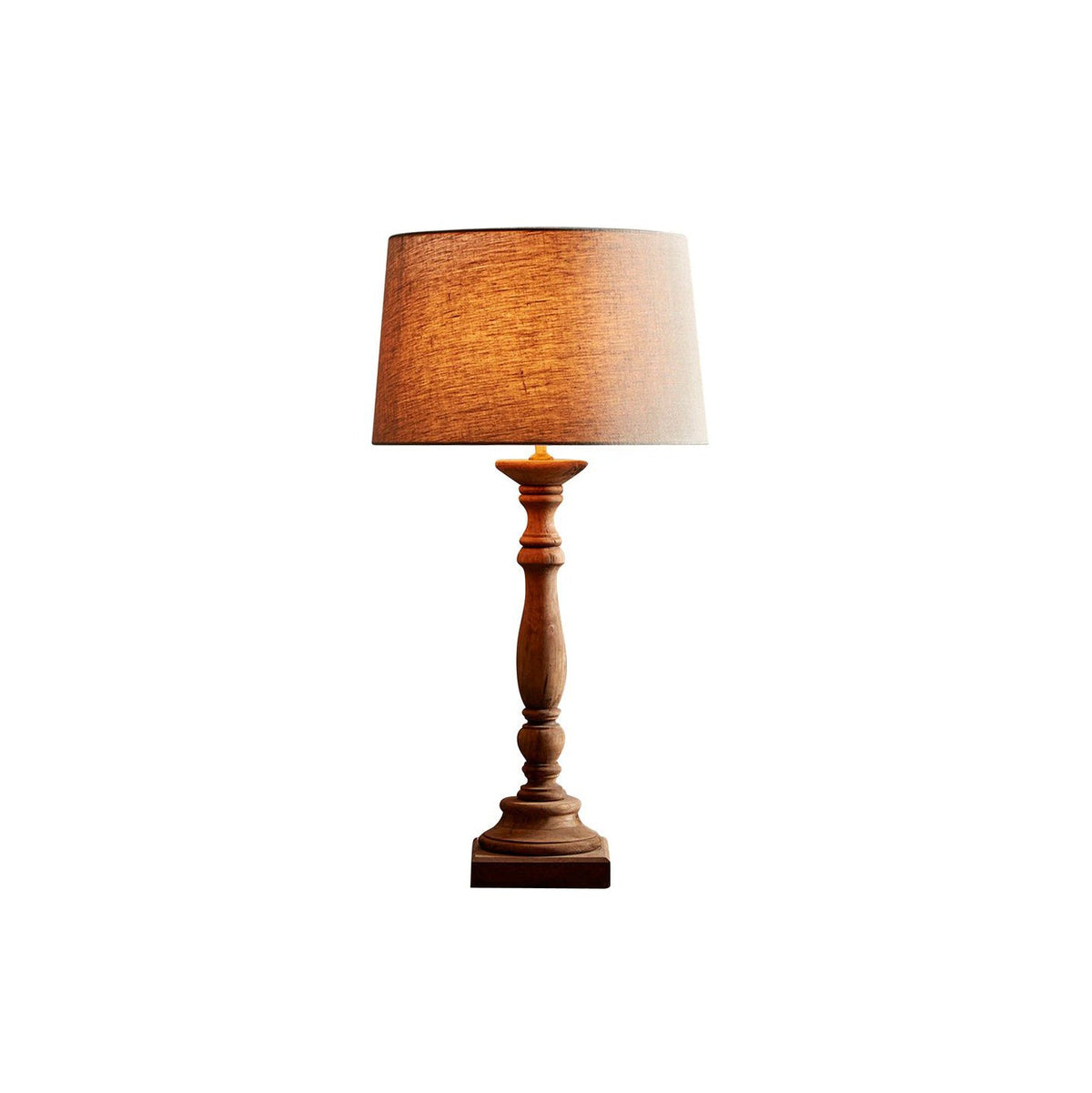 Candela Table Lamp – Turned Wooden Spindle Base & Linen Drum Accent Light