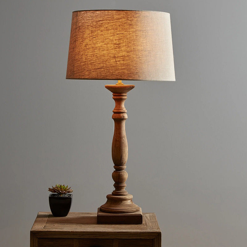 Candela Table Lamp – Turned Wooden Spindle Base & Linen Drum Accent Light