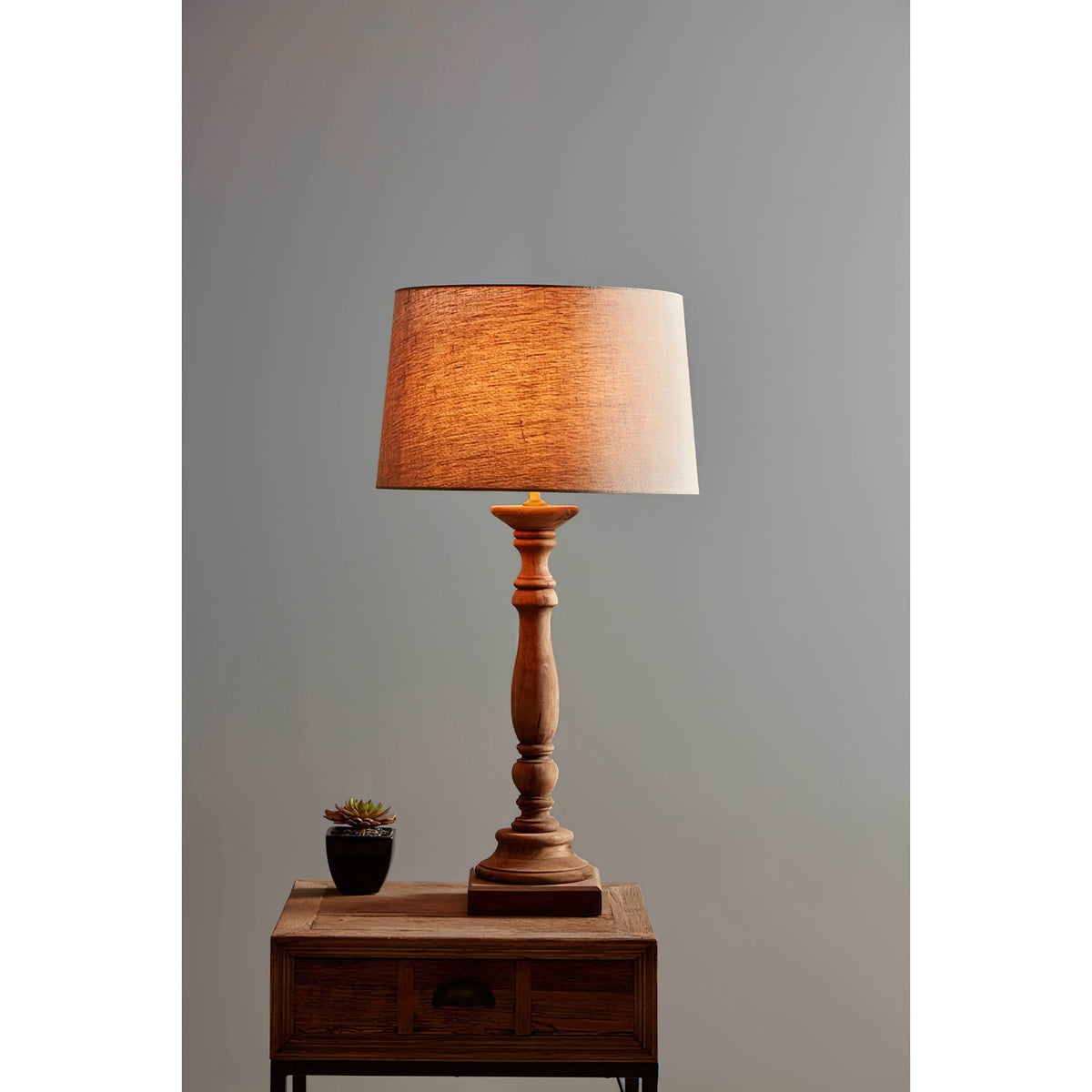 Candela Table Lamp – Turned Wooden Spindle Base & Linen Drum Accent Light