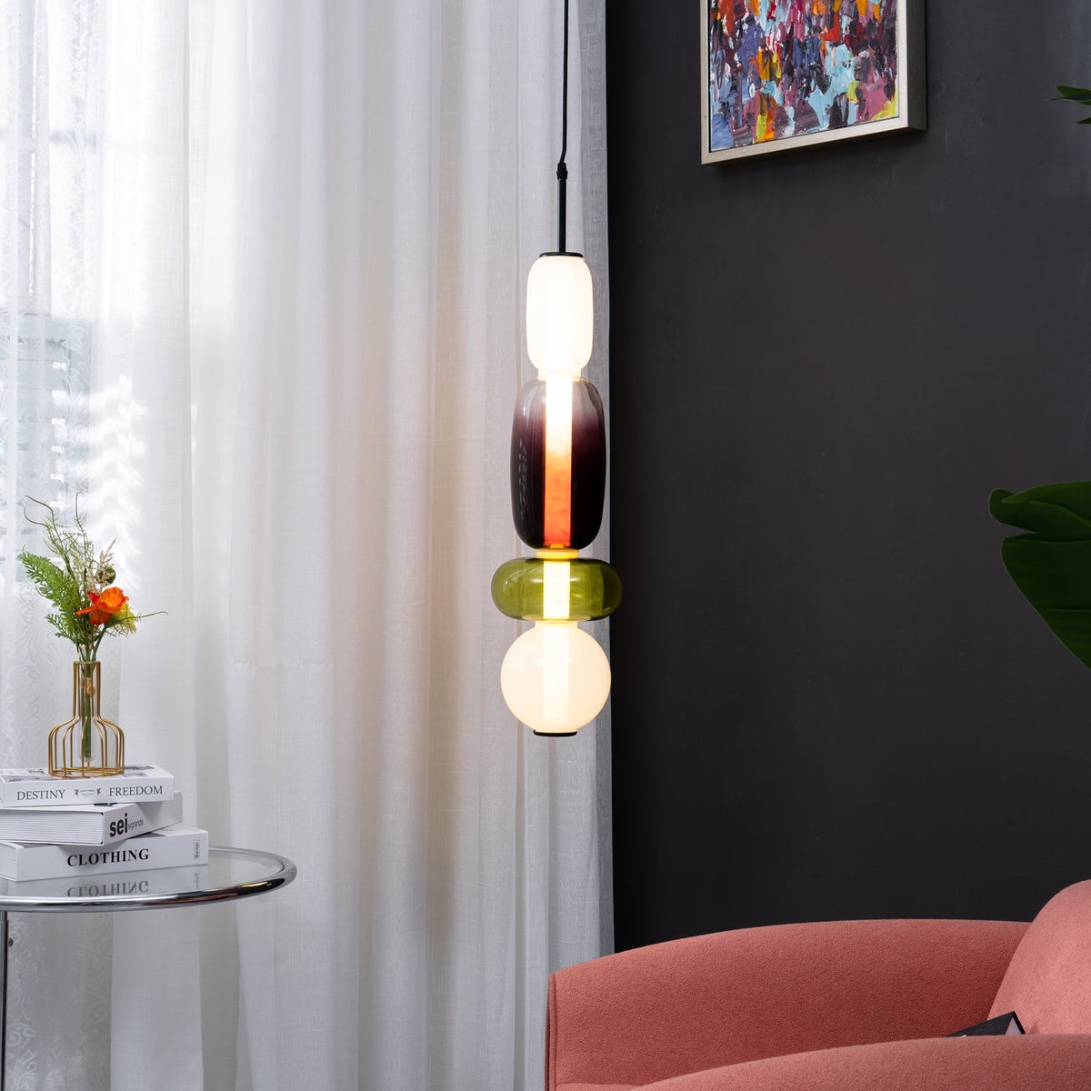 Stained Glass Pendant Lamp - Stacked Hand-Blown Art Glass Pendant | Custom Colorful LED Hanging Light