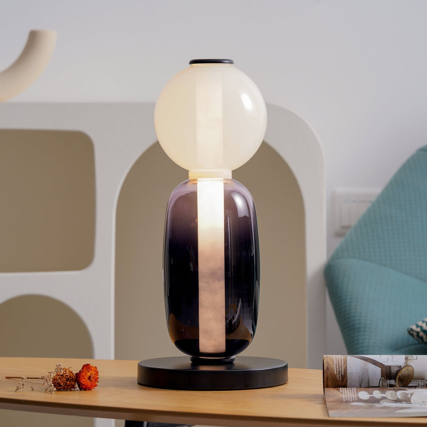 Stained Glass Table Lamp - Candied Colorful Hand-Blown Glass Accent Light | Modern Remote Dimming LED Desk Lamp