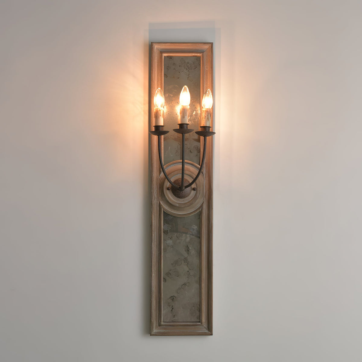 Candle 3-Light Mirrored Sconce – American Country Retro Wooden Mirrored Wall Sconce