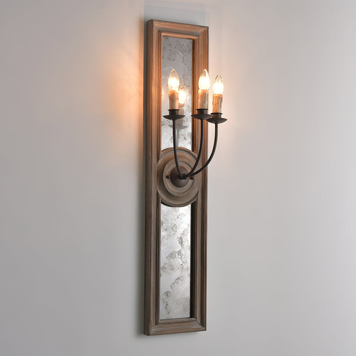 Candle 3-Light Mirrored Sconce – American Country Retro Wooden Mirrored Wall Sconce