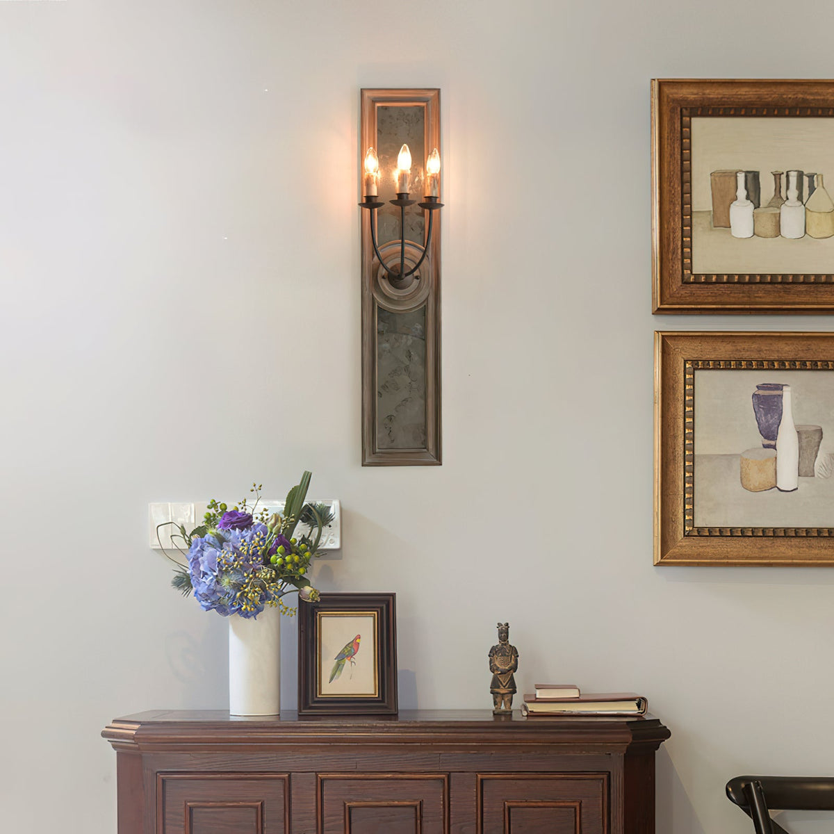Candle 3-Light Mirrored Sconce – American Country Retro Wooden Mirrored Wall Sconce