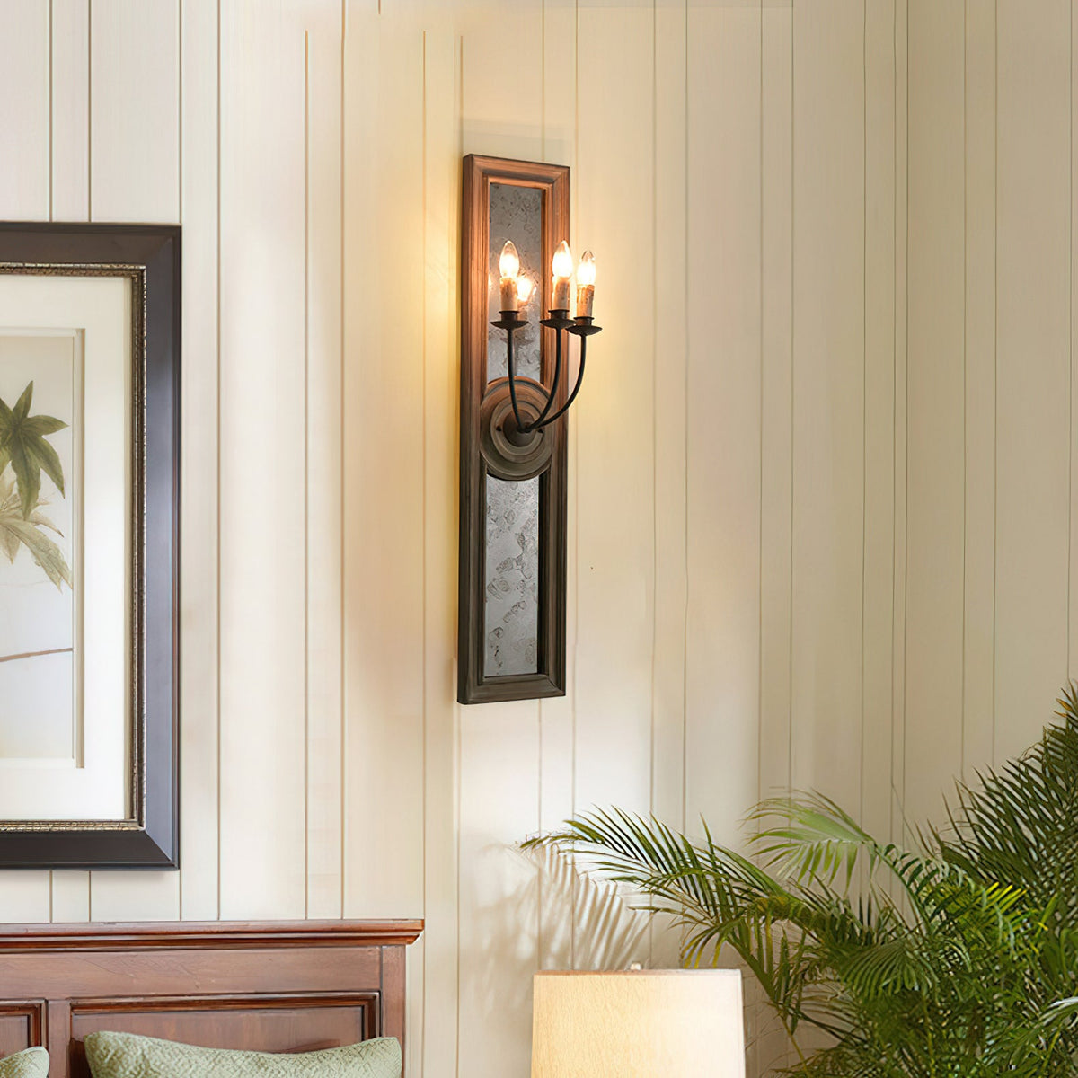 Candle 3-Light Mirrored Sconce – American Country Retro Wooden Mirrored Wall Sconce