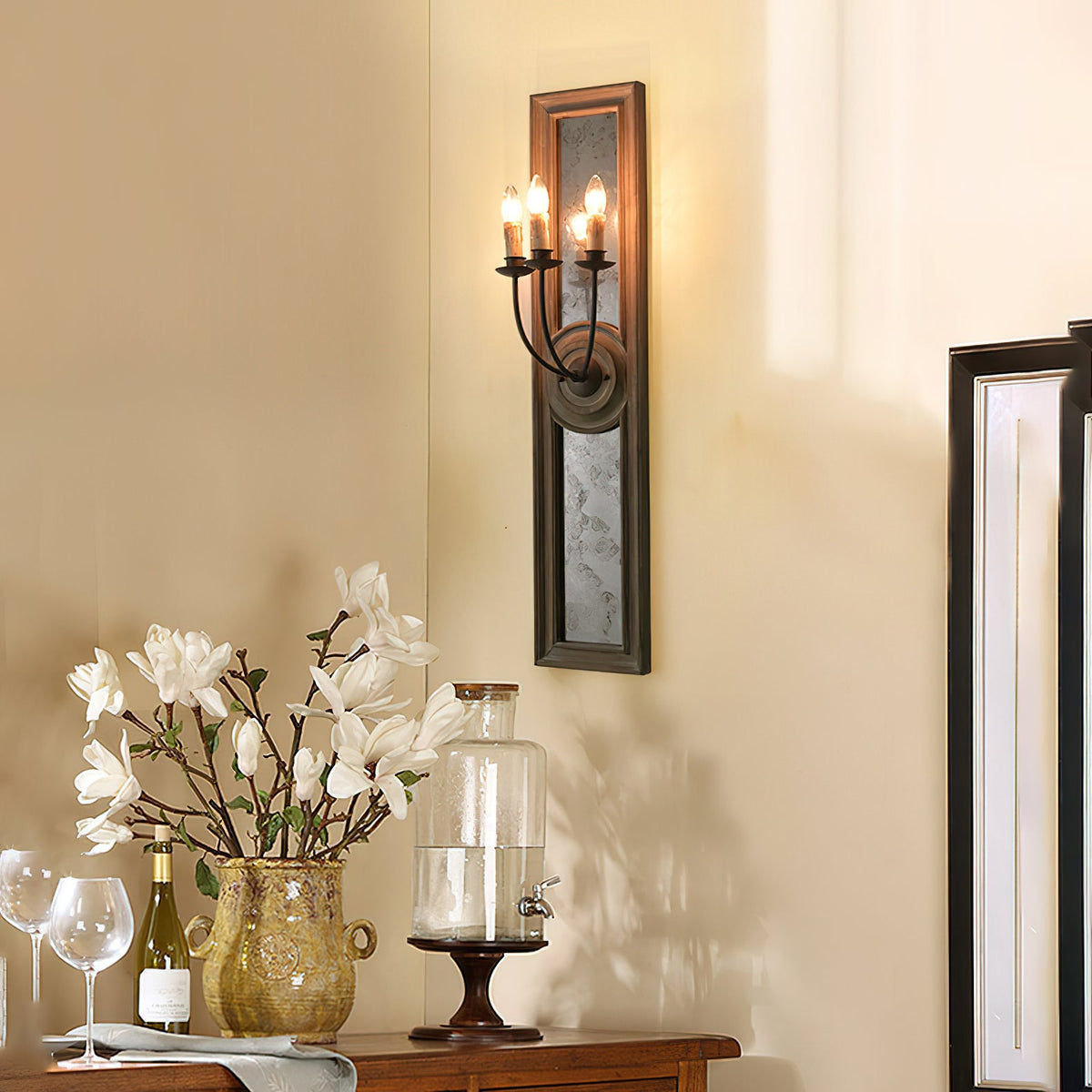 Candle 3-Light Mirrored Sconce – American Country Retro Wooden Mirrored Wall Sconce