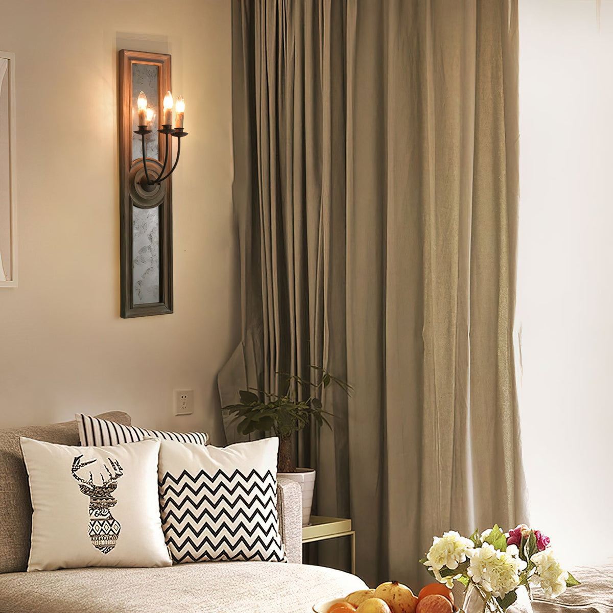 Candle 3-Light Mirrored Sconce – American Country Retro Wooden Mirrored Wall Sconce