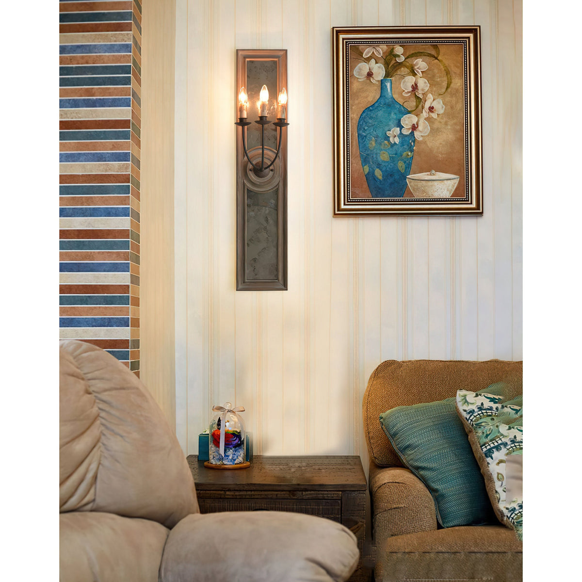 Candle 3-Light Mirrored Sconce – American Country Retro Wooden Mirrored Wall Sconce