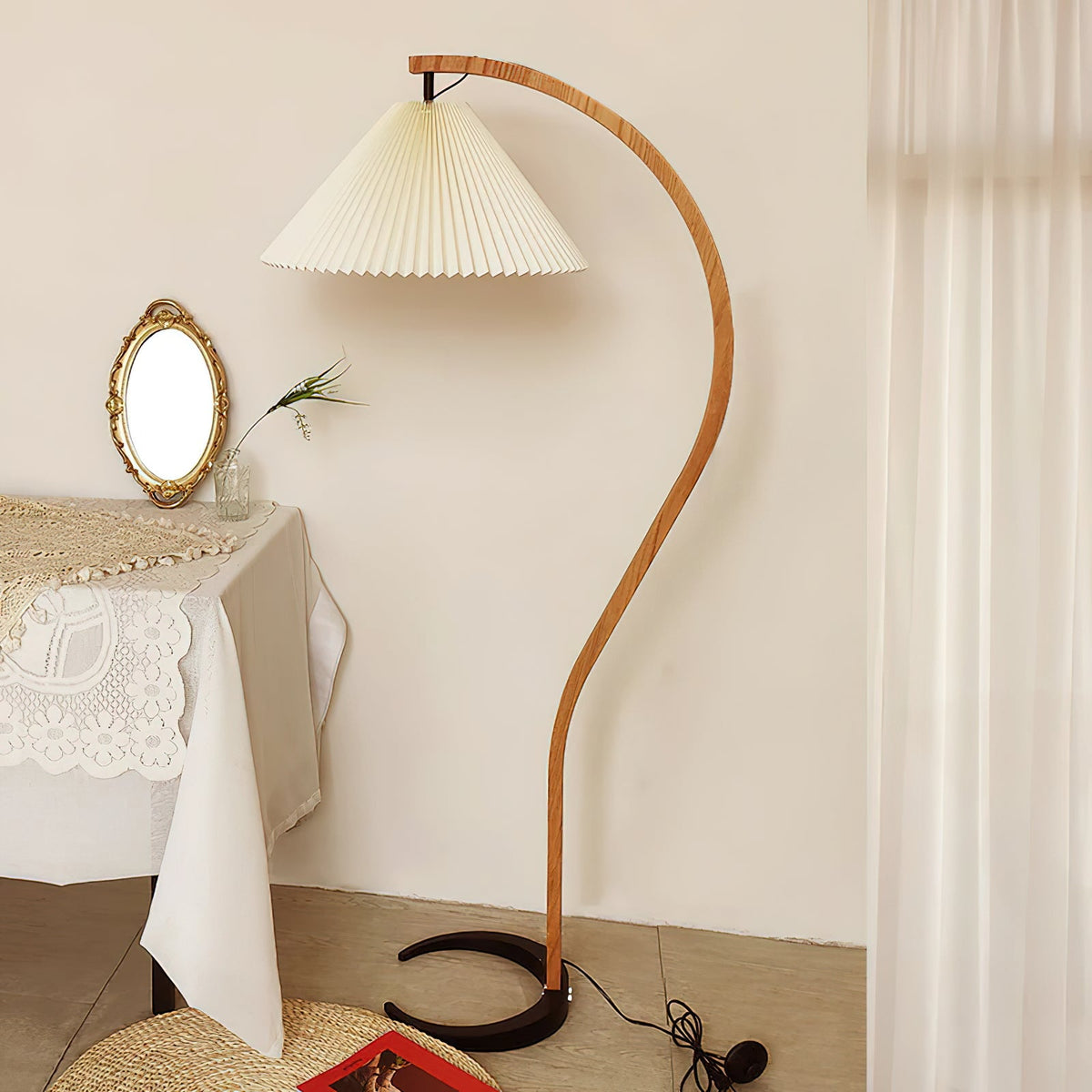 Caprani Floor Lamp – 1970s Scandinavian Bentwood & Pleated Linen Floor Lamp