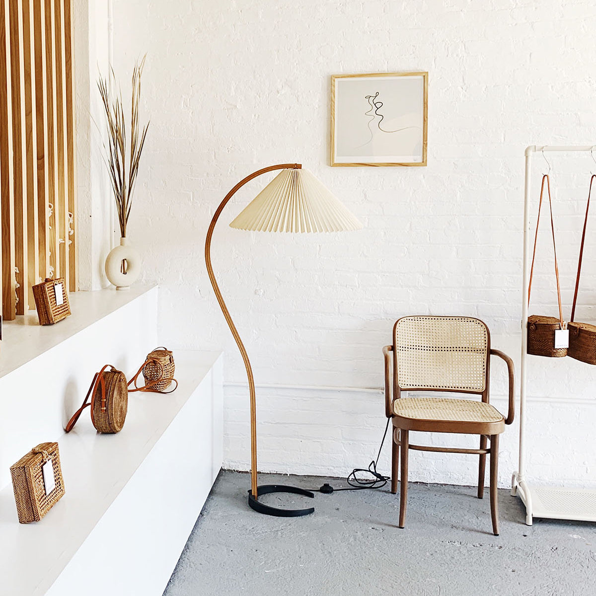 Caprani Floor Lamp – 1970s Scandinavian Bentwood & Pleated Linen Floor Lamp