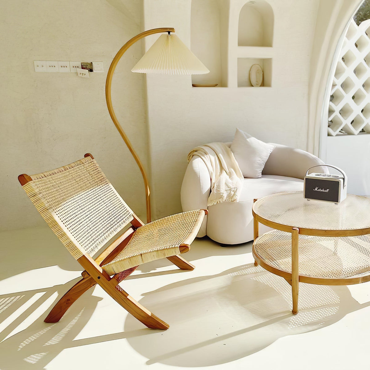 Caprani Floor Lamp – 1970s Scandinavian Bentwood & Pleated Linen Floor Lamp