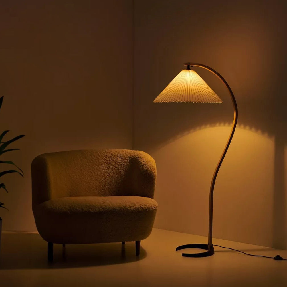 Caprani Floor Lamp – 1970s Scandinavian Bentwood & Pleated Linen Floor Lamp