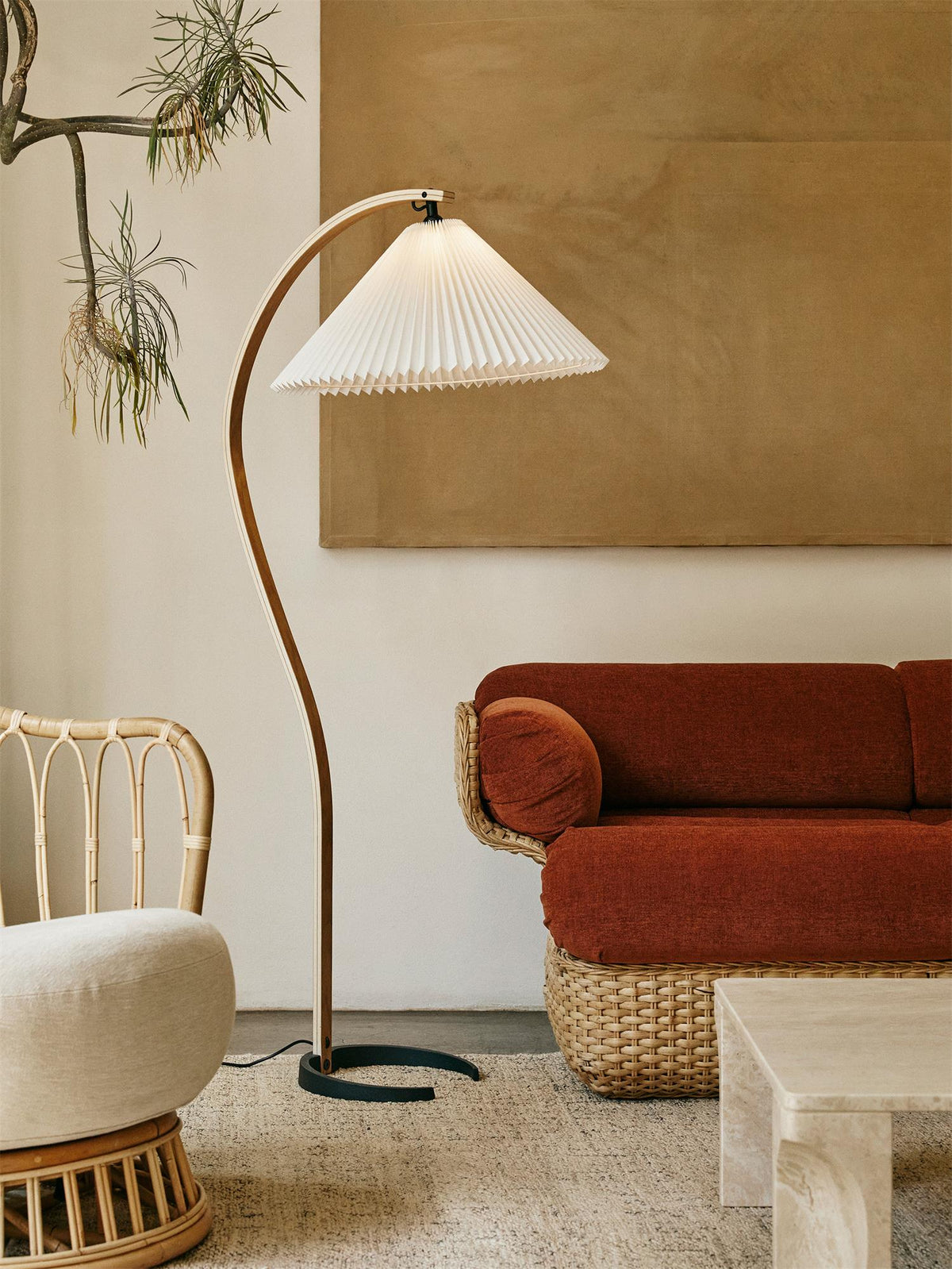 Caprani Floor Lamp – 1970s Scandinavian Bentwood & Pleated Linen Floor Lamp