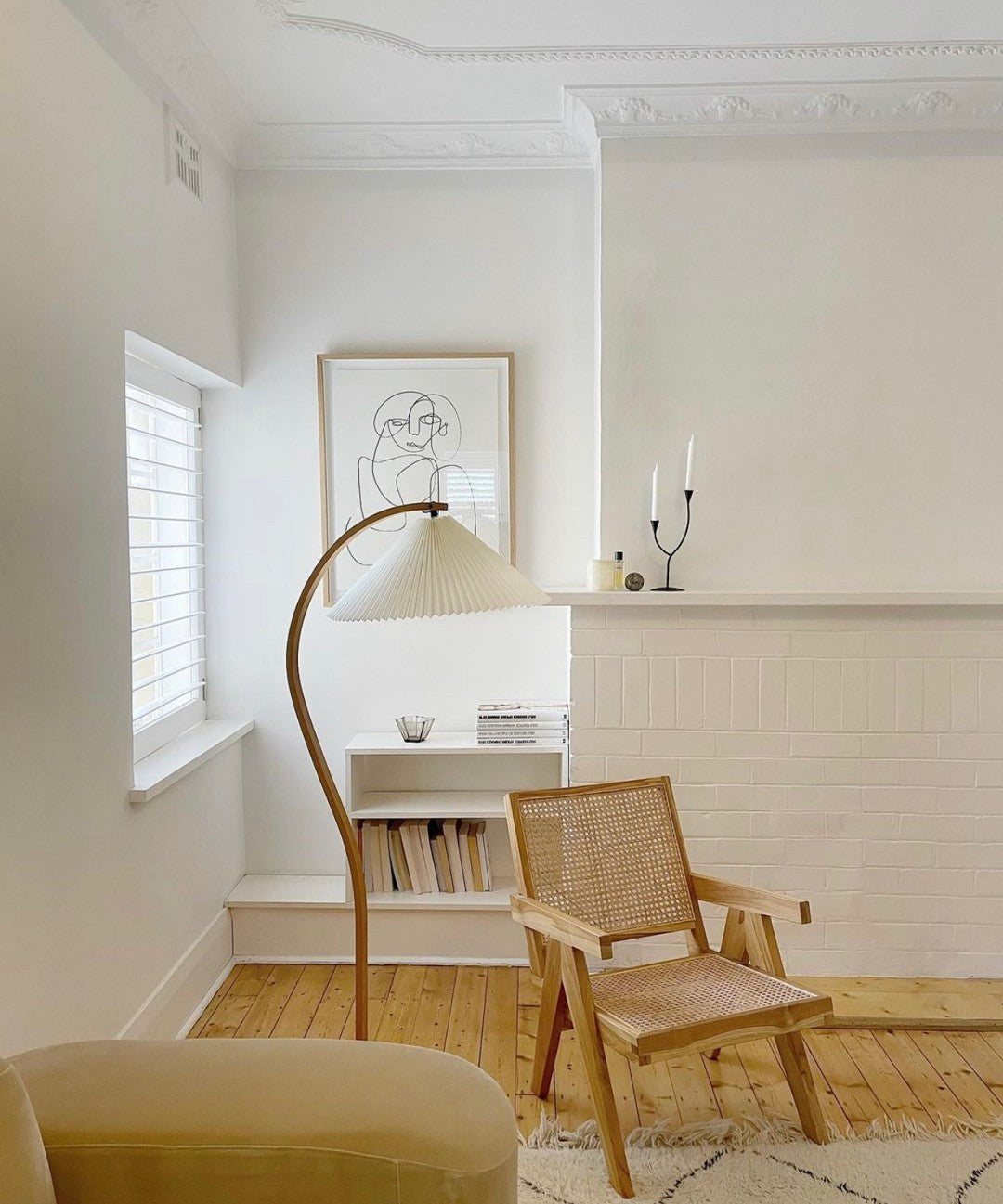 Caprani Floor Lamp – 1970s Scandinavian Bentwood & Pleated Linen Floor Lamp