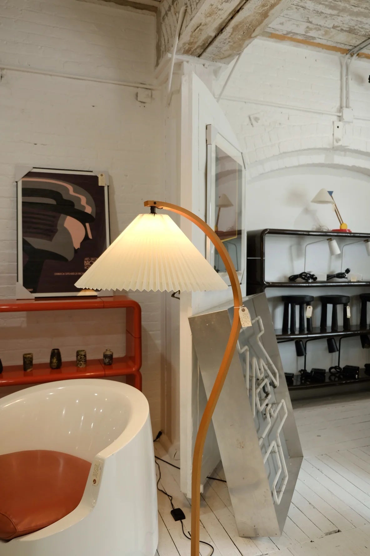 Caprani Floor Lamp – 1970s Scandinavian Bentwood & Pleated Linen Floor Lamp
